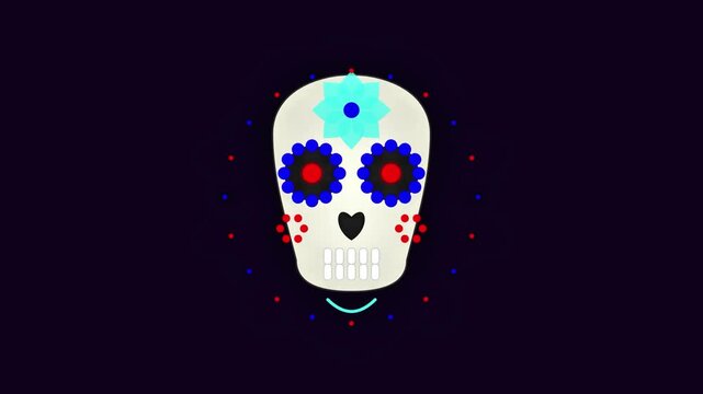 Animated 2D Flat Design Colorful Sugar Skull Day of the Dead on Dark Background