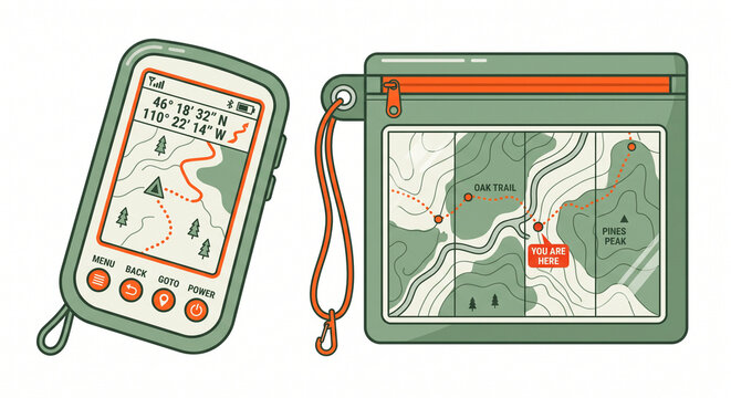 Green handheld outdoor GPS navigation device and waterproof map case with orange strap horizontal vector illustration
