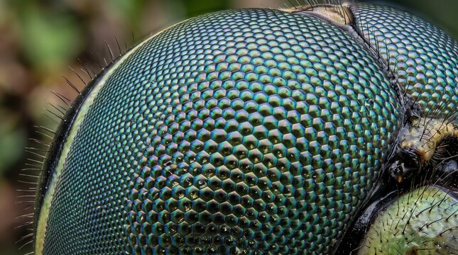 Extreme macro photograph of dragonfly compound eye showing green hexagonal ommatidia pattern