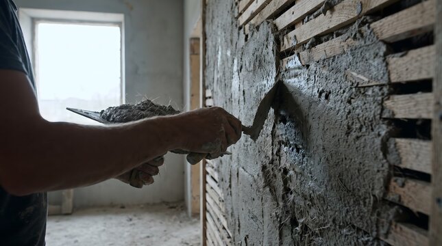 Plasterer applying wet mortar onto wooden lath wall