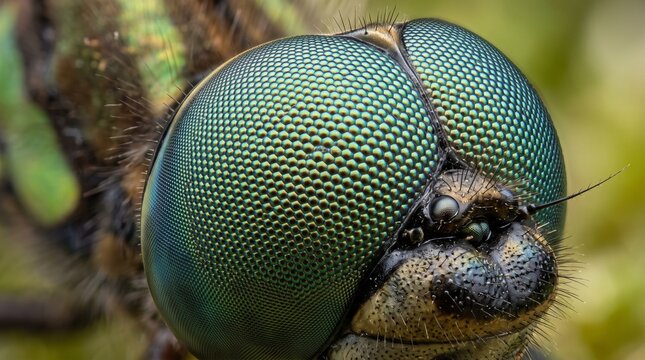 Detailed macro photograph of dragonfly head displaying large compound eyes and facial features