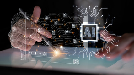 Artificial intelligence interface concept showing human centered interaction, smart search, chat...