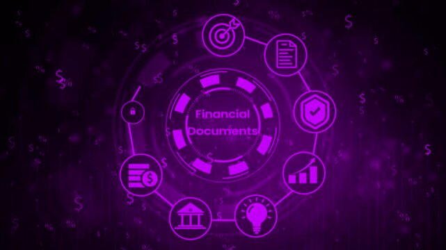 Futuristic abstract background with vibrant purple HUD including a target with arrow and document connected to a circular interface displaying financial symbols and circuit board patterns