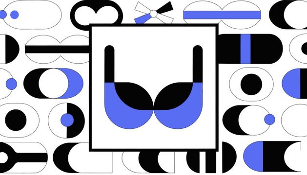 blue and black bra on white background with geometric shapes
