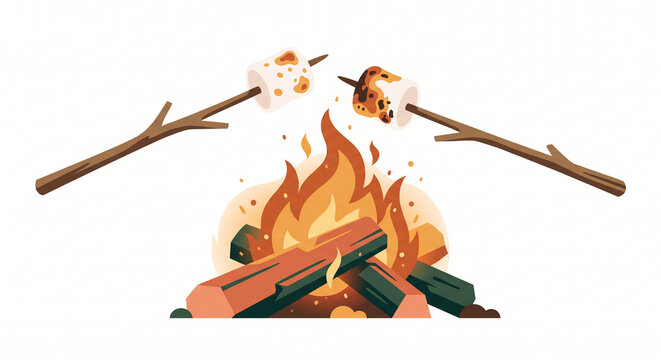 Campfire with burning logs and two toasted marshmallows on wooden sticks isolated on white background horizontal vector illustration