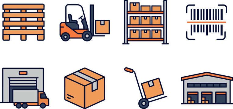 Warehouse logistics vector icon set featuring forklift, wooden pallet, storage shelves, barcode scanner, loading dock, delivery truck, cardboard box, hand truck and warehouse building for industrial a