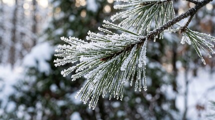 Close-up of green pine needles covered in crystalline white frost in a winter forest setting © Syed