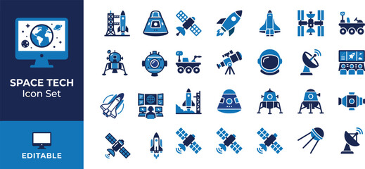 Space Technology Vector Icon Set Featuring Rockets Satellites Lunar Landers Rovers Astronaut Helmets Telescopes and Control Rooms © MD FAJLUL