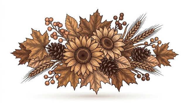Autumn harvest composition with sunflowers, maple leaves, pine cones, wheat, and berries, isolated on white background