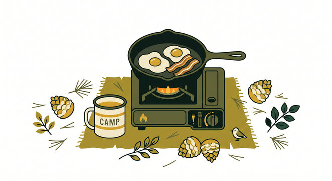 Camping stove with frying pan eggs bacon and coffee cup on picnic blanket horizontal vector illustration for outdoor lifestyle and hiking design
