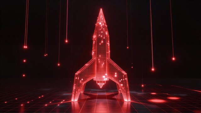 Red digital rocket stands on grid, surrounded by glowing red laser beams in dark space.