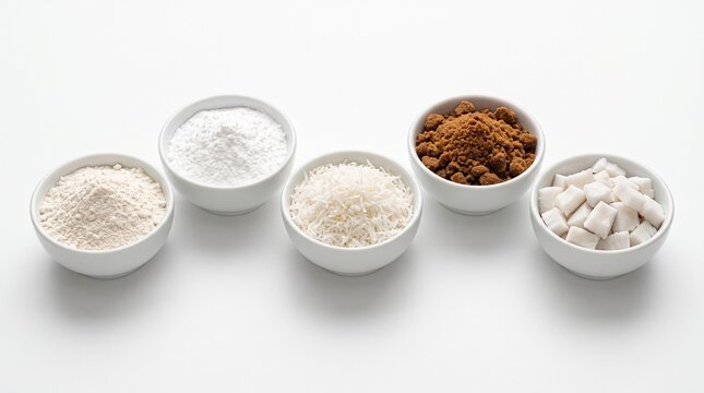 Five white bowls are filled with different types of sugar, including white granulated sugar, brown sugar, powdered sugar, and sugar cubes, arranged neatly on a white surface.