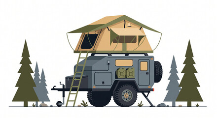 Fototapeta premium Compact off road camper trailer with rooftop tent and ladder parked outdoors surrounded by green pine trees on white background horizontal view