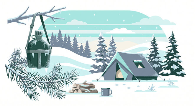 Winter camping scene with tent campfire pine trees and canteen hanging on branch horizontal illustration for travel adventure design