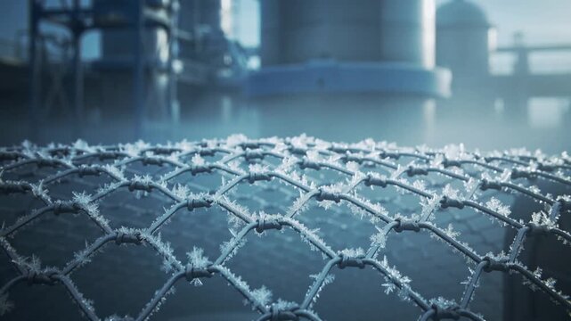 Close-up shot of frost and sparkling ice crystals covering a chain link wire mesh fence with an industrial facility background in fog