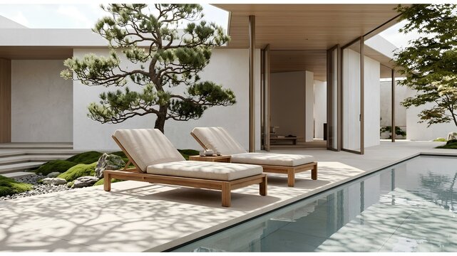 Japandi style luxury modern poolside lounge with wooden sunbeds, zen garden, and minimalist architecture