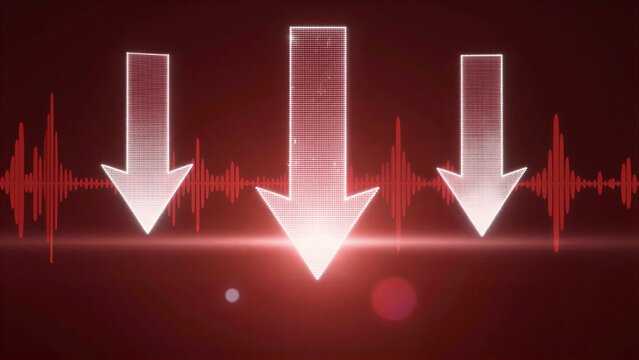 Three glowing arrows descend over sound waves, symbolizing audio reduction or decline.