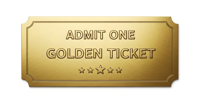 Admit one golden ticket with five stars on white background
