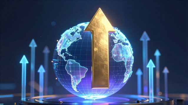Global growth symbolized by a golden arrow rising above a digital globe with surrounding upward arrows.