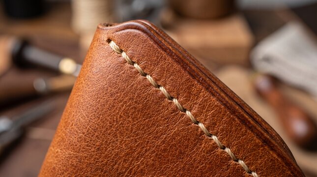 Macro photograph of hand stitched brown leather seam showing thick waxed thread and edge craft