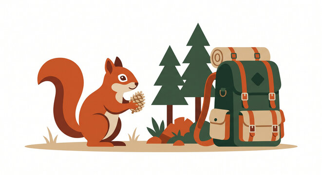 Cute red squirrel holding a pine cone next to a camping backpack and pine trees in a horizontal vector illustration design