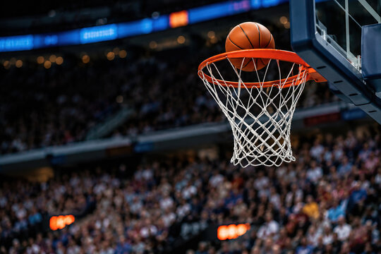 Basketball moving toward the hoop during a game