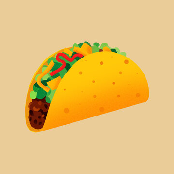 Crisp hard shell beef taco vector illustration with lettuce, cheese, and salsa topping isolated on background