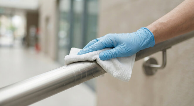 Person Disinfecting Metal Handrail with Cleaning Cloth