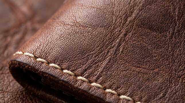 Macro photograph of full grain brown leather folder flap showing fine pores and stitched seam
