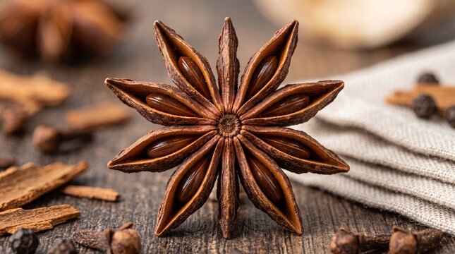 Symmetrical macro shot of whole star anise pod on wooden background with cinnamon and cloves