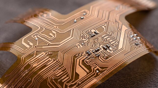 Macro photograph of flexible copper printed circuit board showing fine conductive traces and SMD components