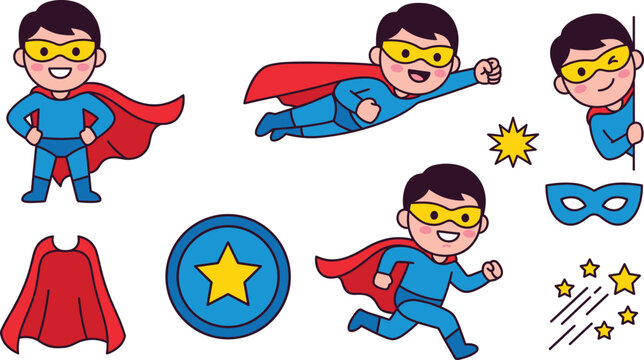 Cute Boy Superhero Character Vector Set Featuring Flying Running Standing Poses Cape Mask and Star Badge Icons for Kids Graphic Designs