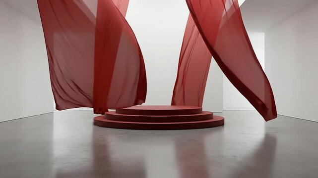 Red podium with blowing sheer curtains in a white minimalist room for product display presentation