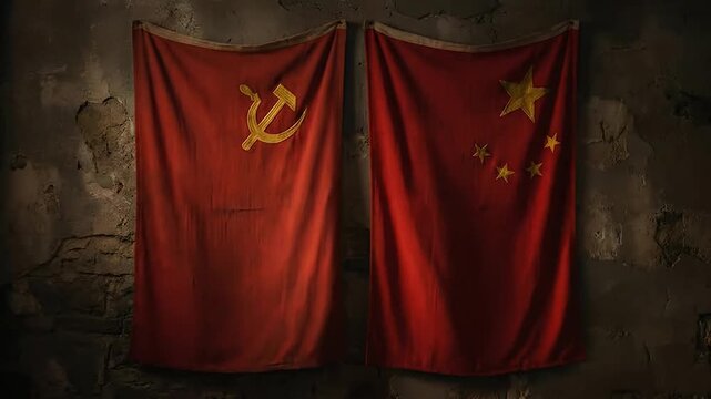 Communist Soviet and Chinese Flags Hanging on a Weathered Stone Wall