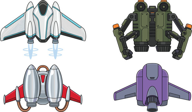 Futuristic Jetpack and Personal Flight Gear Vector Icon Set Featuring Sci-Fi Rocket Packs Thrusters and Exo-Suits for Gaming and Technical Graphic Designs