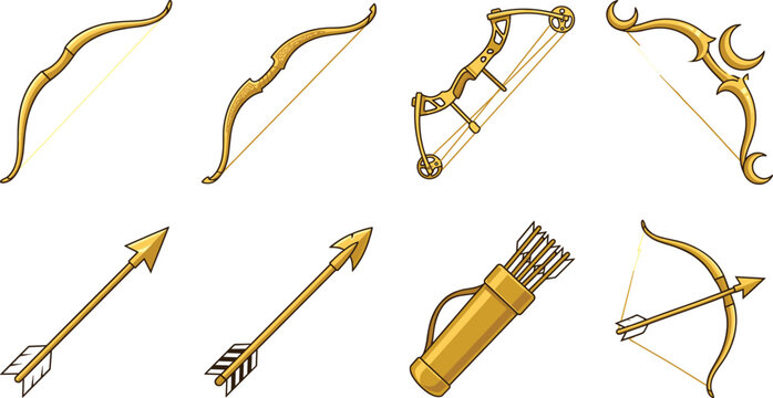 Golden Bow and Arrow Archery Vector Icon Set Featuring Recurve Bows Compound Bow Fantasy Crescent Weapon Quiver and Fletched Arrows
