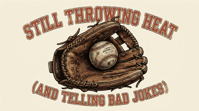 Still Throwing Heat And Telling Bad Jokes Vintage Baseball Glove EST 1971 Light Background Vector