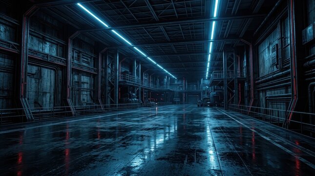 Futuristic Industrial Hangar with Blue Neon Lights and Wet Reflective Floor in Cyberpunk Style