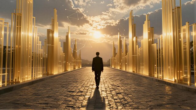 A lone figure walks down a glowing path flanked by tall columns under a sunlit sky.