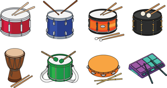 Musical Drums and Percussion Instruments Vector Icon Set Featuring Snare Drums Marching Bass Drum Djembe Tambourine Electronic Drum Pad and Wooden Sticks