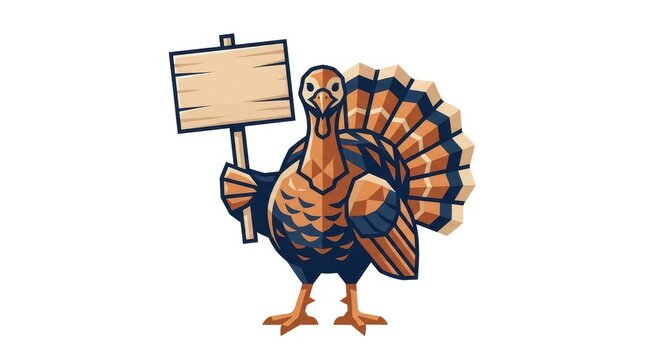 Stylized geometric turkey illustration holding a blank wooden sign, vector graphic design for thanksgiving holiday themes isolated on white background