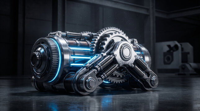 Futuristic maglev hyperloop track connector node with glowing electromagnetic coils