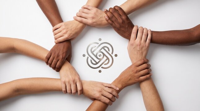 Diverse hands holding wrists to form a circle around an interlocking unity symbol on a white background