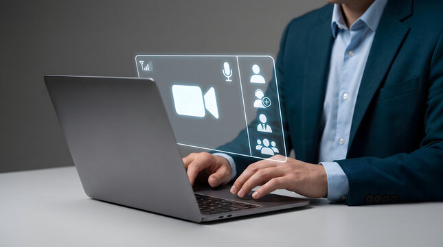 Online video conference interface with floating camera symbols above a laptop device