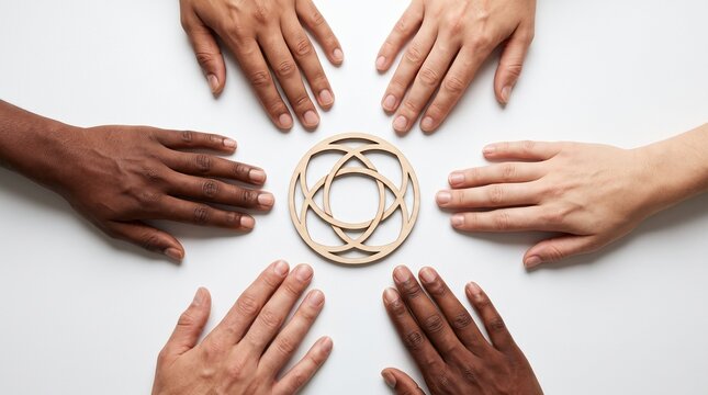Diverse multi-ethnic hands surrounding a circular cultural wooden symbol on a white background symbolizing global cooperation, unity, and community bond