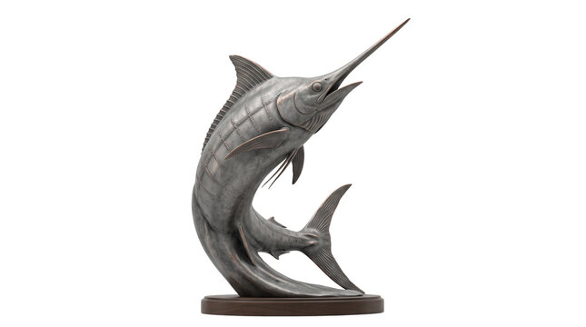 Metallic marlin sculpture on white background, silver swordfish statue with brushed texture, nautical trophy for fishing decor