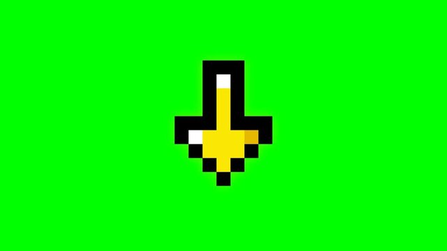 8-Bit Retro Gaming Pixel Down Arrow Icon Animation with Flashing Colors on Green Screen Background