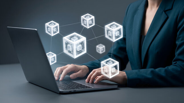Modern blockchain technology visualization with holographic cubes, digital connections, and decentralized computing concept
