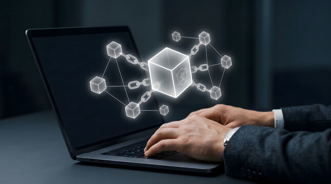 Blockchain system illustration with cube structures, digital nodes, and connected chains representing secure technology networks