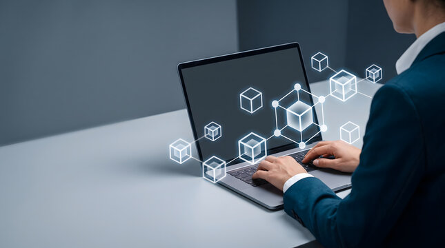 Glowing blockchain cube illustration representing decentralized technology, digital security, and distributed network systems